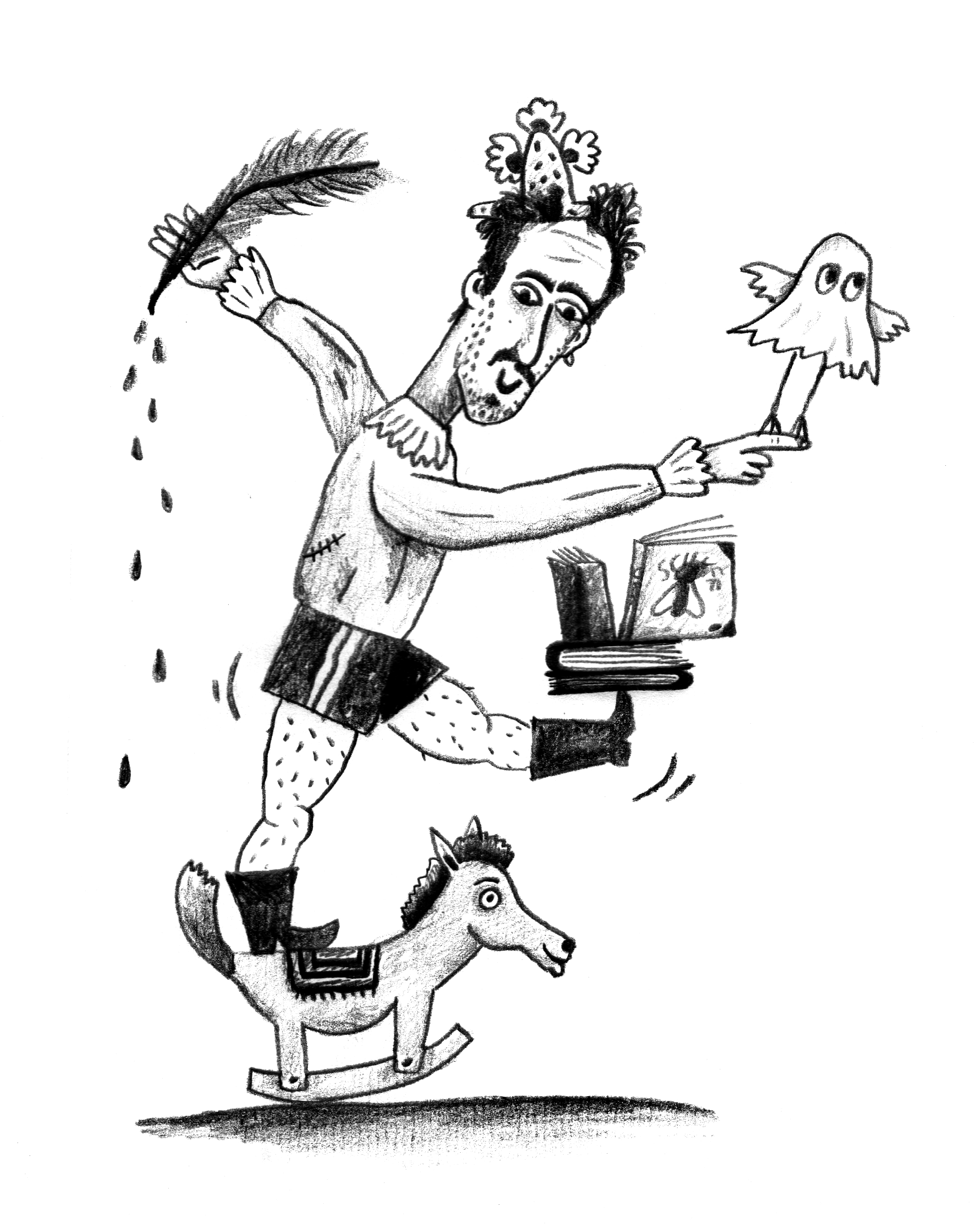 Ilustración de Nicolás Schuff corriendo sobre un caballito de madera