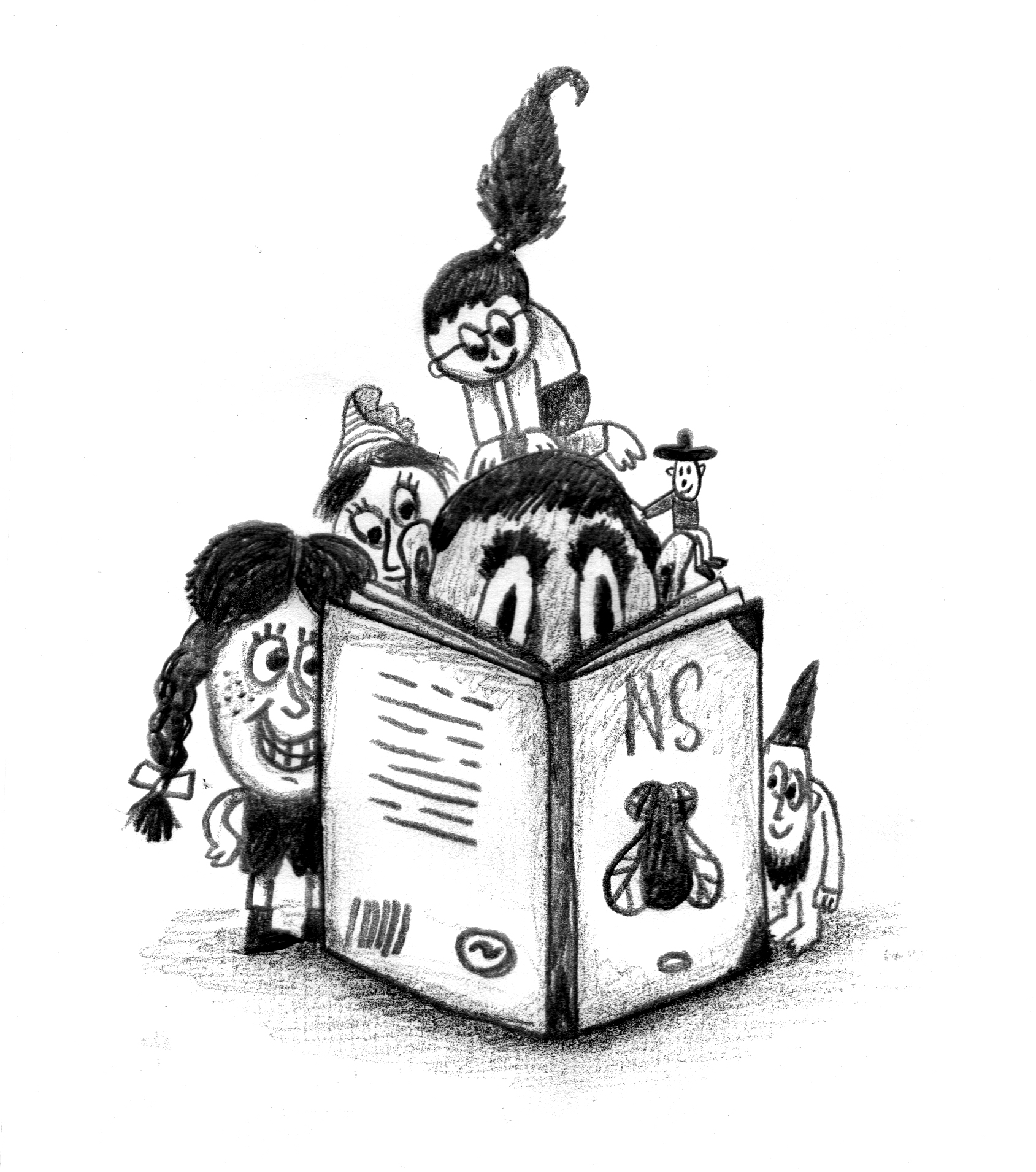 Ilustración de Nicolás Schuff y personajes de sus libros asomados sobre un libro abierto